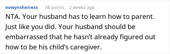 Text comment discussing husband's need to learn parenting and support their infant son independently.