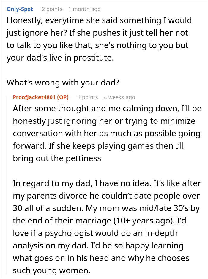 Reddit conversation about a woman's discomfort with her dad's young girlfriend.