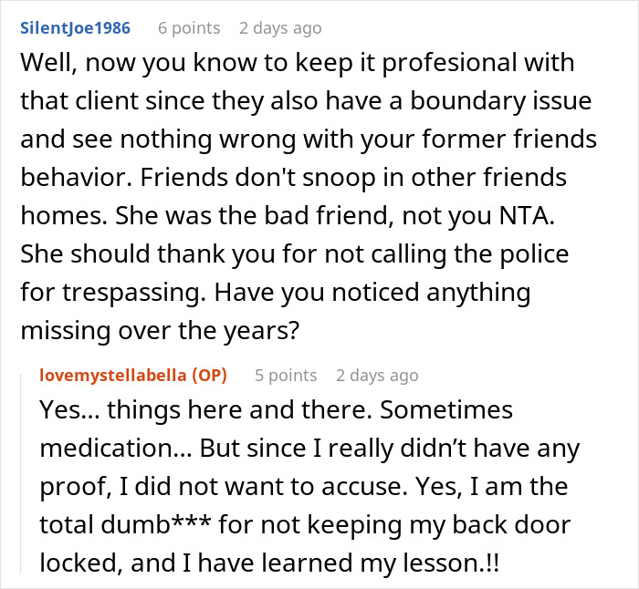 Discussion comment about boundary issues, with responses on a friend breaking into a house and not taking security seriously.