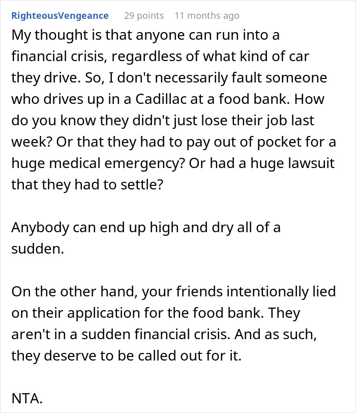 Comment discussing lying about income for food bank misuse and consequences.