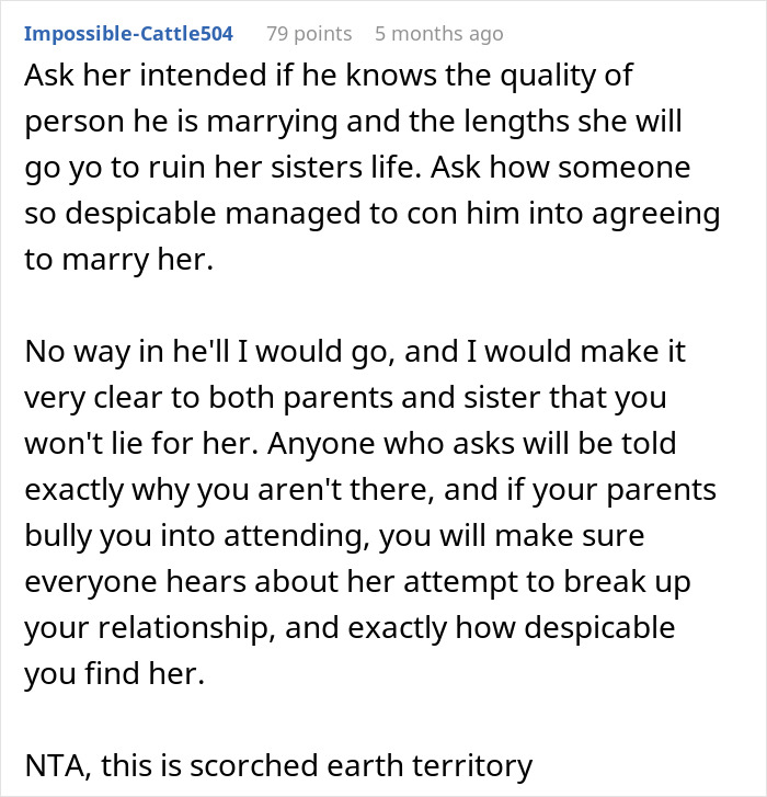 Text post discussing a woman's attempt to persuade her sister’s fiancé to reconsider their engagement.