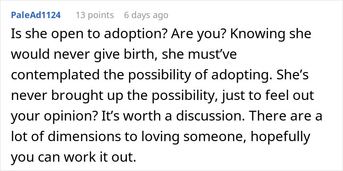 Text comment about adoption advice related to a wife's secret and children's possibilities.