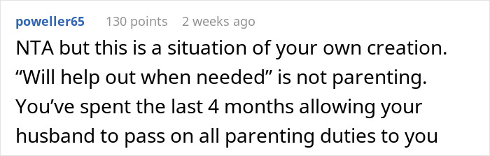 Text comment on parenting issues, discussing husband's lack of involvement.