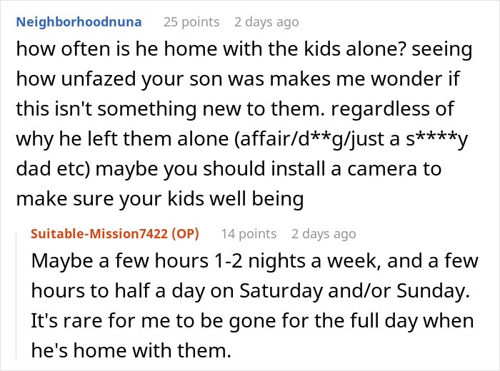 Reddit discussion about a husband denying leaving small children home alone.