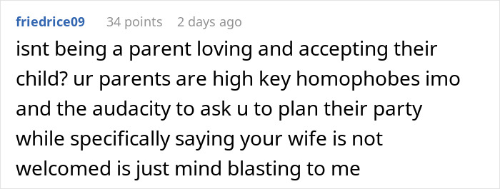 Reddit comment discussing parents' homophobia towards daughter&rsquo;s wife and party disrespect.