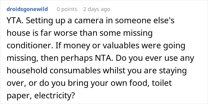 Comment discussing the ethics of setting up a camera for evidence against a sister.