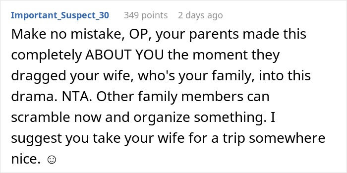 Reddit comment discussing family drama over a canceled party and support for daughter's wife.