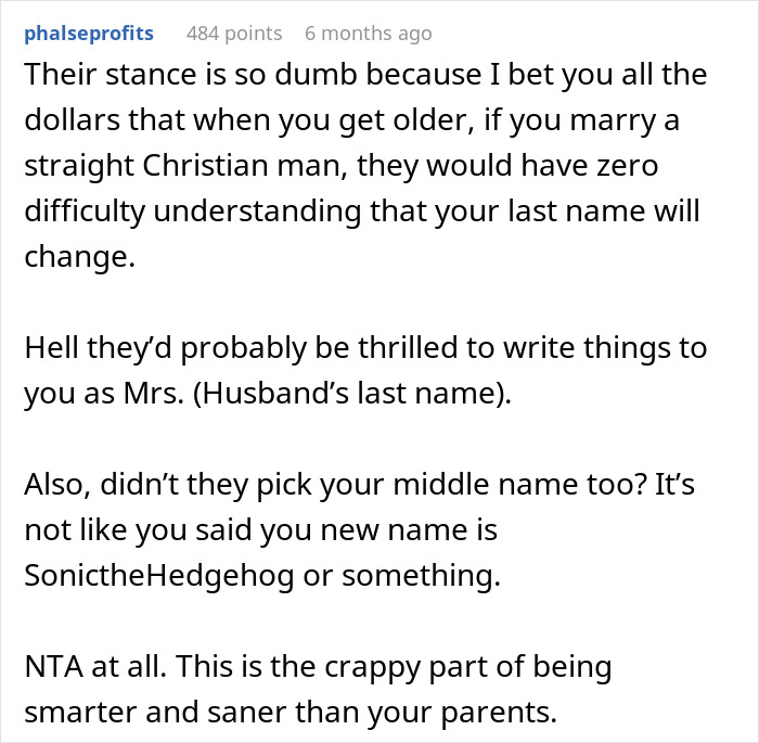 Reddit comment discussing name change, Christian marriage, and sarcastic remarks about unconventional names.