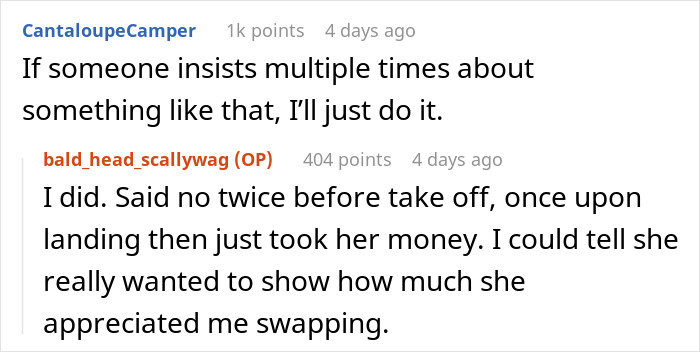 Comments discussing an elderly woman insisting and offering money to switch seats.