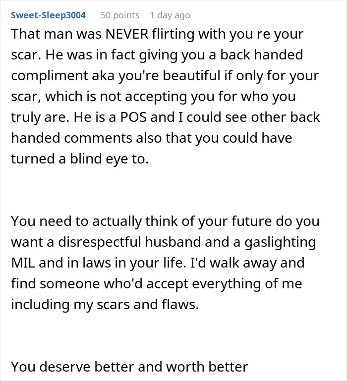 Reddit comment advising someone to leave a disrespectful fiancé due to wedding concerns about a scar.