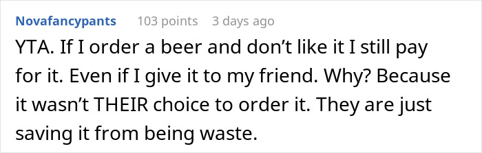 Comment discussing a situation about a woman not paying for a meal her friends took home.