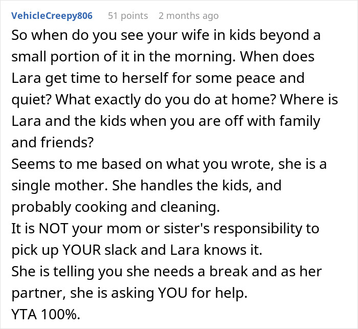 Comment criticizing a husband for not being home and helping with kids and chores.