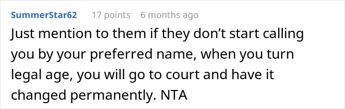 Text comment discussing preferred name choice and legal name change options.