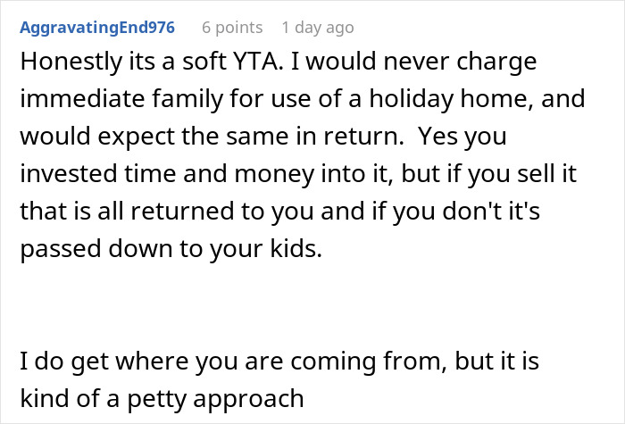 Comment discussing family cabin use and restoration responsibilities.