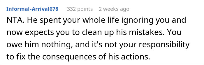 Comment supporting refusal to care for deadbeat father's affair family.