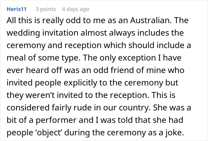 Comment discussing a wedding ceremony and reception, highlighting exclusion from dinner.