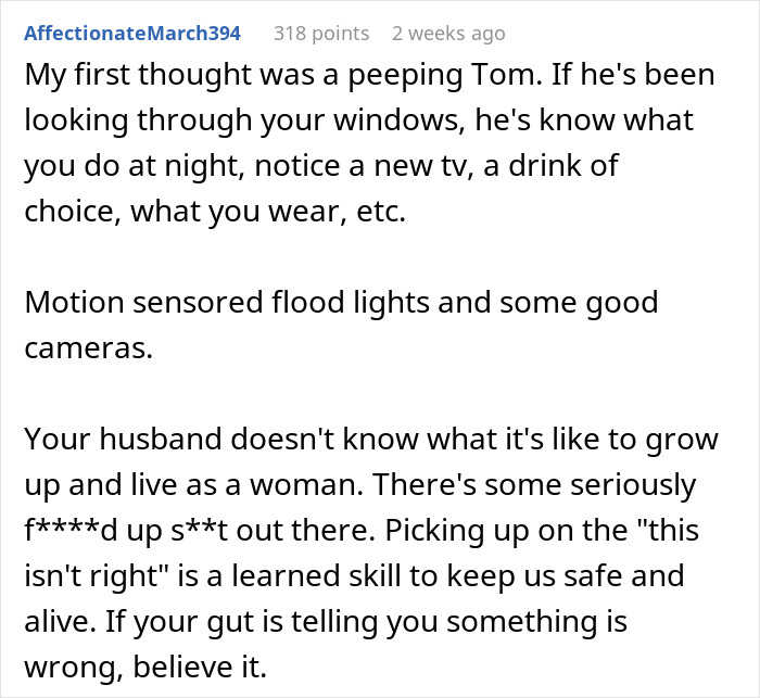 Reddit comment discussing paranoia after a student's creepy comment and mentioning spouse's perspective.