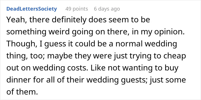 Comment discusses exclusion from wedding dinner to cut costs.