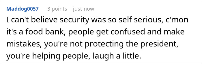 Text screenshot about food bank security and humor shared by user Maddog0057.