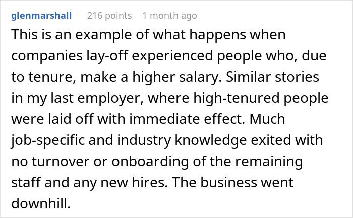 Text screenshot about layoffs leading to loss of experienced staff and business decline, related to company's structure optimization.