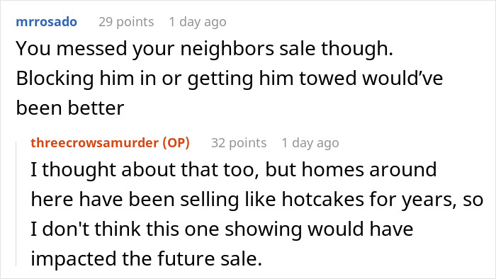 Reddit comments discussing a realtor parking issue affecting property sales.