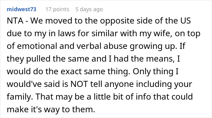 Text from a forum comment about moving away due to in-laws issues, advising secrecy to avoid conflict.