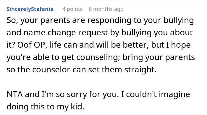 Reddit comment about parents' reaction to name change, mentions bullying and counseling.