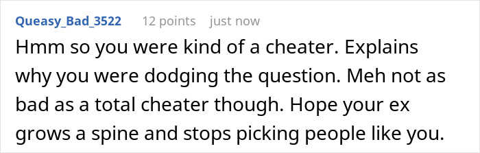 Text comment discussing cheating in relationships and hoping an ex improves their choices.