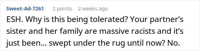 Reddit comment discussing tolerance of offensive tattoos within a family, emphasizing the need for speaking up.