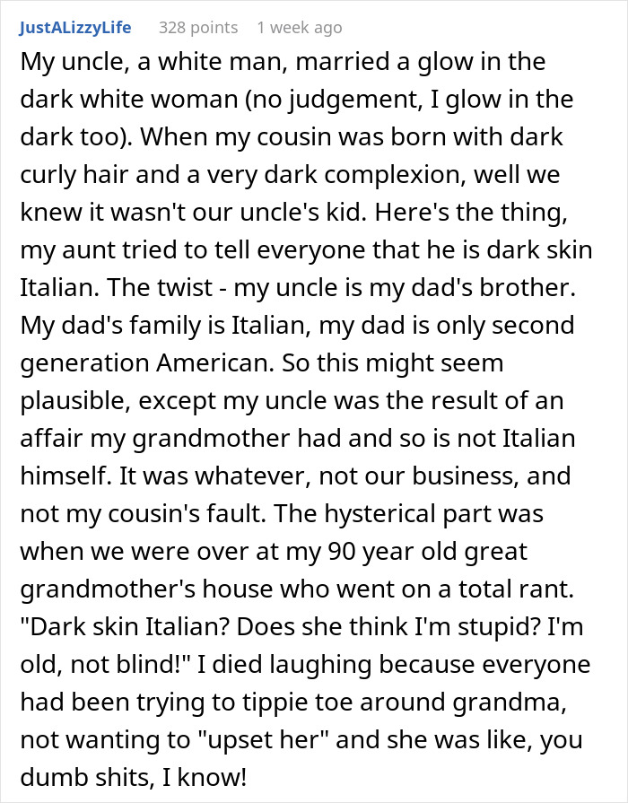 Text post about a family's reaction to their cousin's appearance and heritage story.