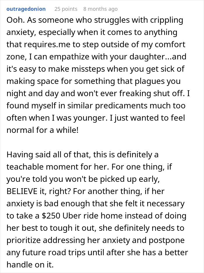 Text discussing anxiety and a $250 Uber ride due to road trip issues.