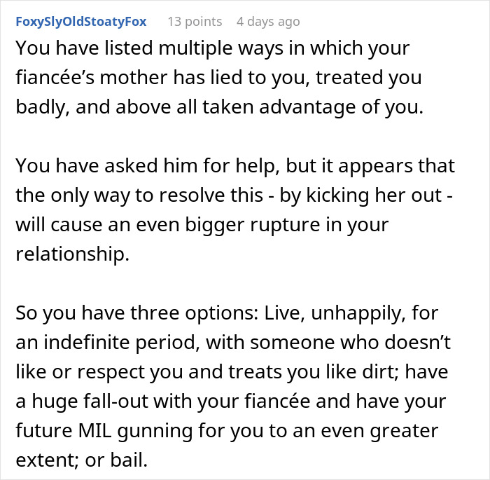 Reddit comment discussing issues with a difficult mother-in-law and relationship challenges.