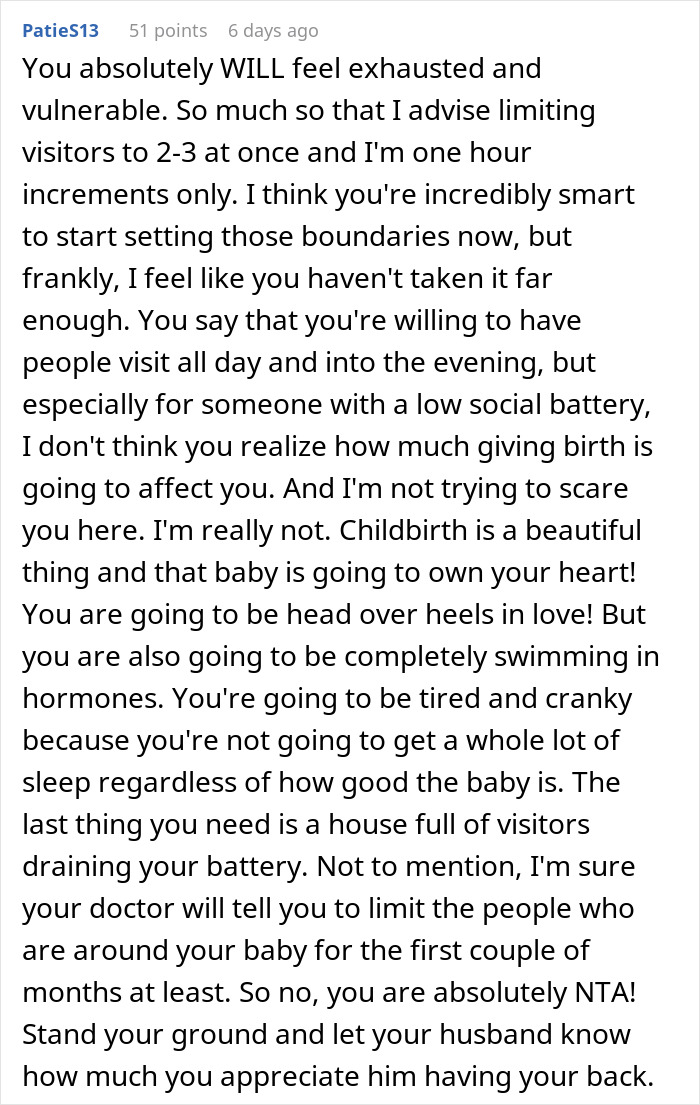 Reddit comment discussing boundaries and exhaustion after childbirth, advising limited visits.