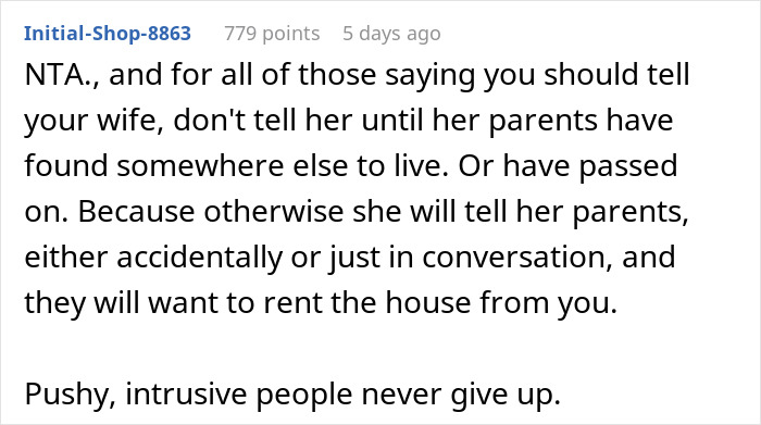 Online comment suggests not telling wife about outbidding in-laws for nearby house.