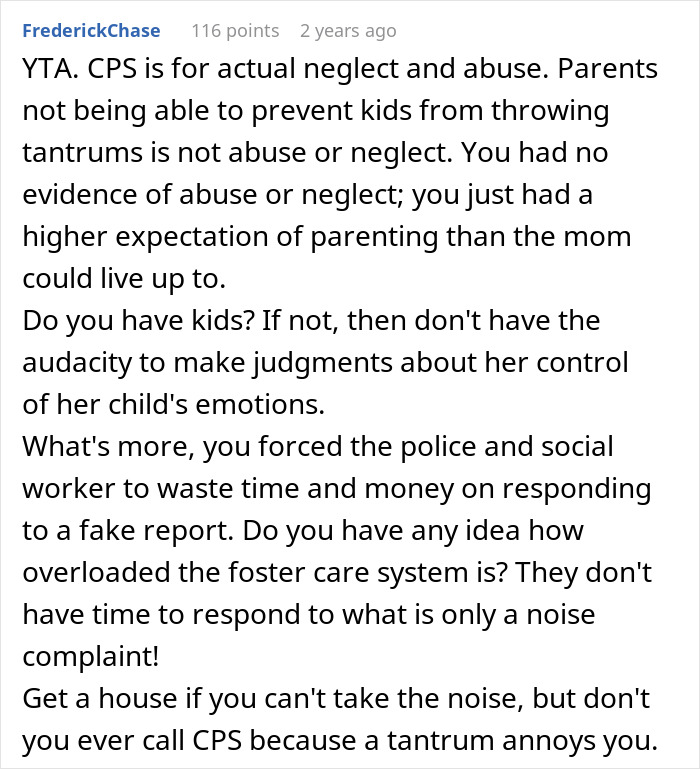 Text response criticizing a woman for calling CPS over toddler tantrums, emphasizing misuse of resources.