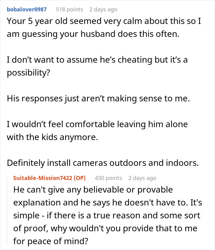 Reddit comments discussing a husband's denial about leaving kids home alone and trust issues with the wife.