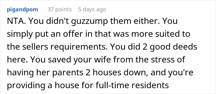 Reddit comment discussing partner outbidding in-laws to avoid proximity, emphasizing a well-suited offer for sellers.