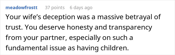 Comment discussing deception and trust related to having children.