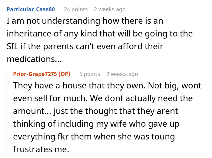 Reddit conversation discussing parents using their daughter for money, with frustration about an inheritance.