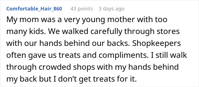 Text from a user explaining why their mom made them walk carefully in stores, hinting at avoiding broken glass.