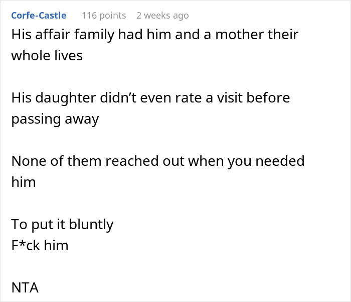 Reddit comment criticizing a deadbeat father and his affair family for lack of support, concluding with "NTA".