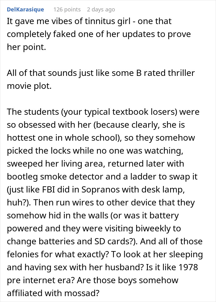 Text of a comment reflecting a student's creepy remark, suggesting paranoia and thriller-like scenarios.