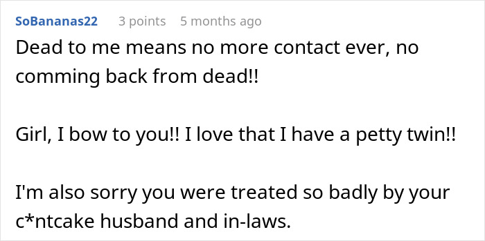 User comment discussing a cheating husband and petty revenge.