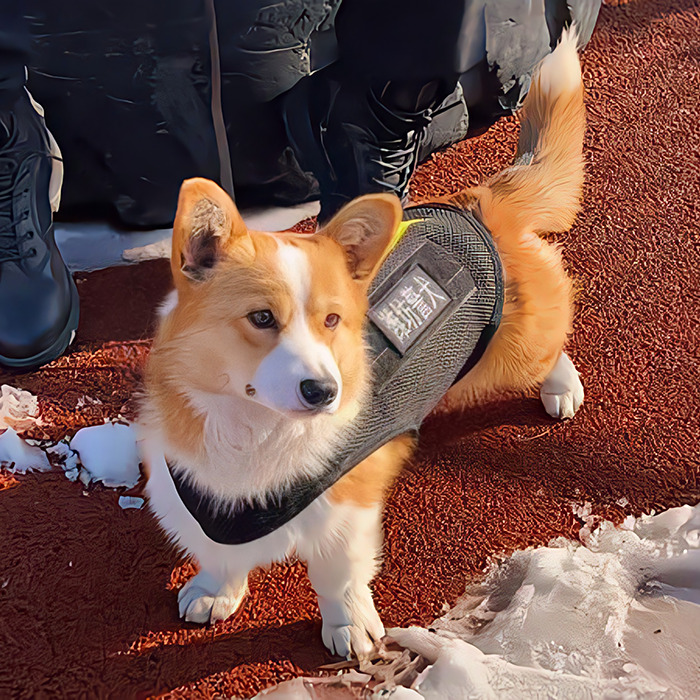 Corgi police dog standing alert on snowy ground, wearing a vest.