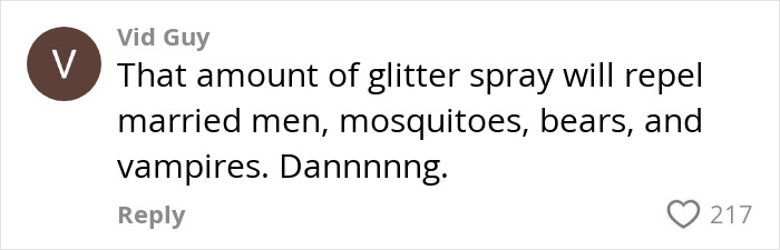 Comment humorously discussing glitter's protective power against cheaters on dates, gaining 217 likes.