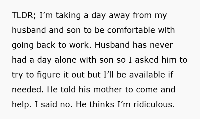 Text discussing a husband's reluctance to take care of an infant son alone, prompting a family disagreement.