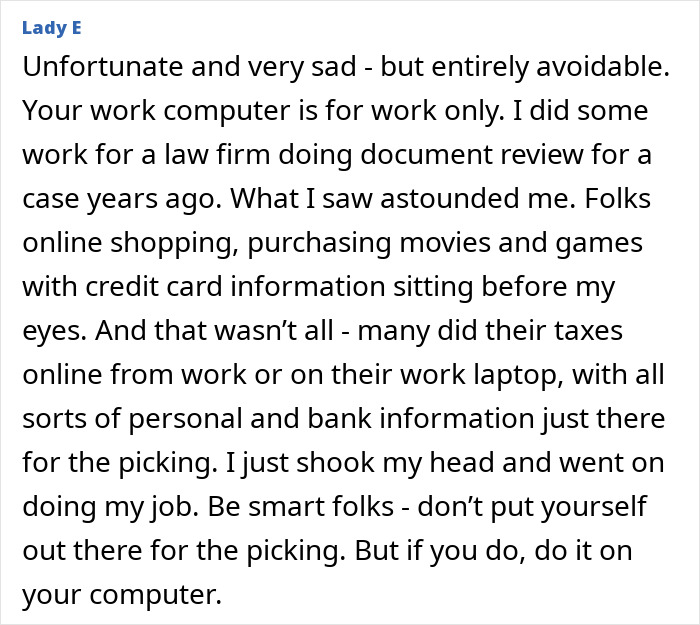 Text discussing the misuse of work computers, highlighting security risks like online shopping and personal data exposure.