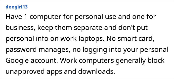 Text advice on computer use, emphasizing separate devices for business, avoiding personal info, and blocking unapproved downloads.