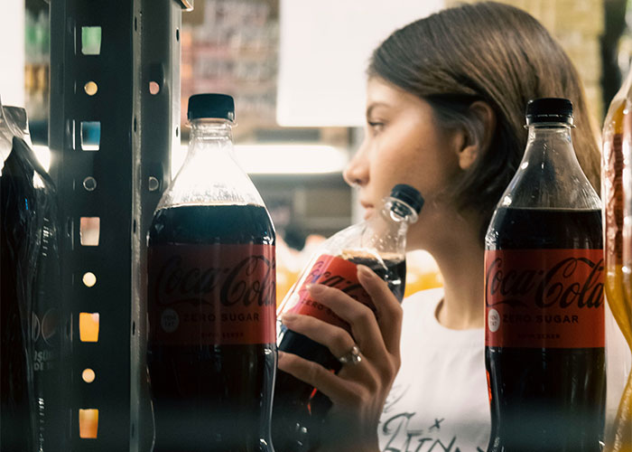 Woman holding Coke bottles in a store aisle, showcasing job challenges highlighted by her lateness.