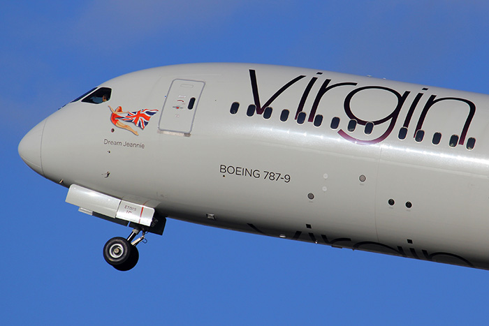 Virgin Boeing 787-9 aircraft in flight, related to emergency landing due to medical crisis on board.